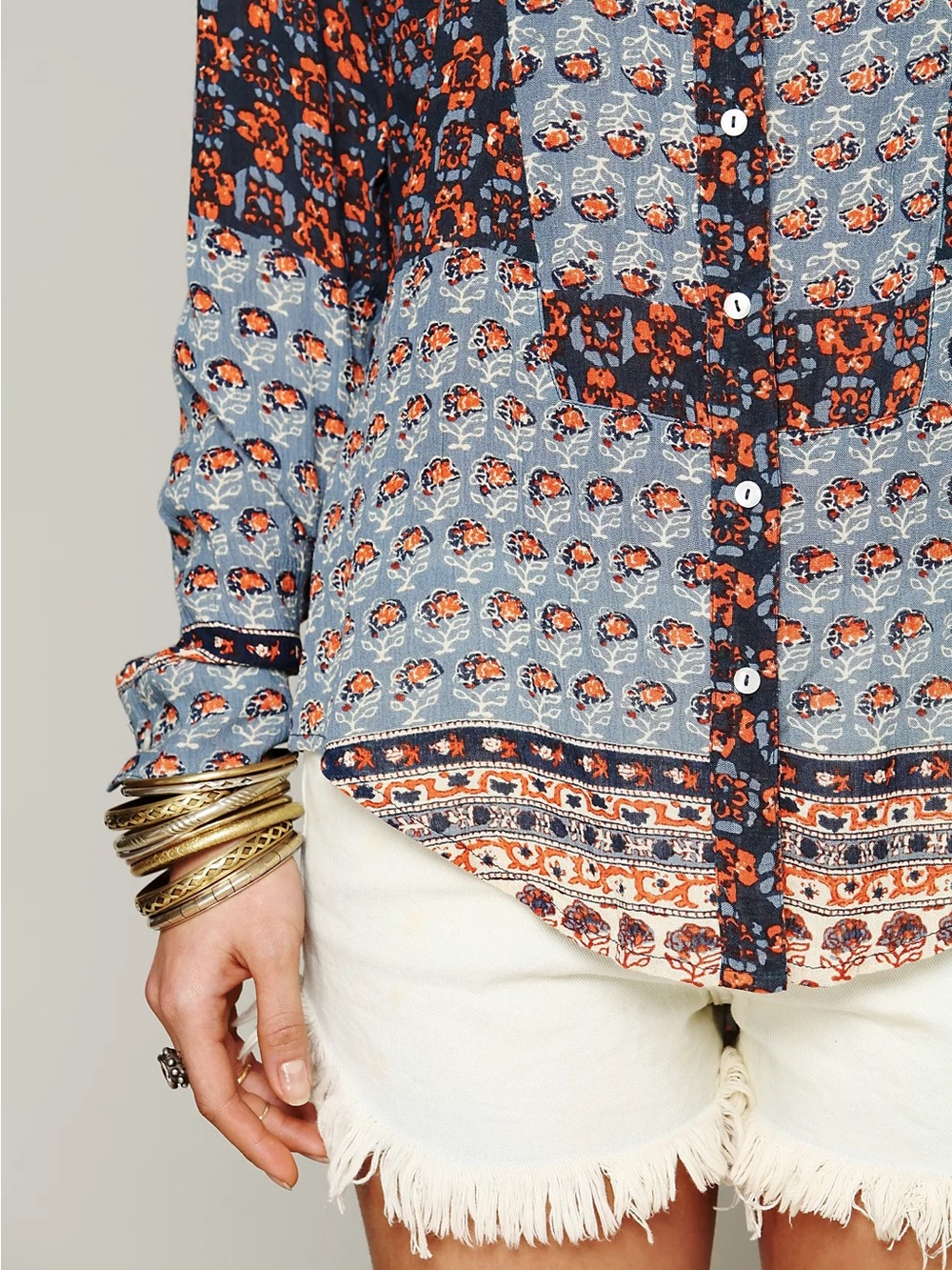 Free People Patterned Button-Front Colorblock Patchwork Boho Top Size S - Picture 4 of 14